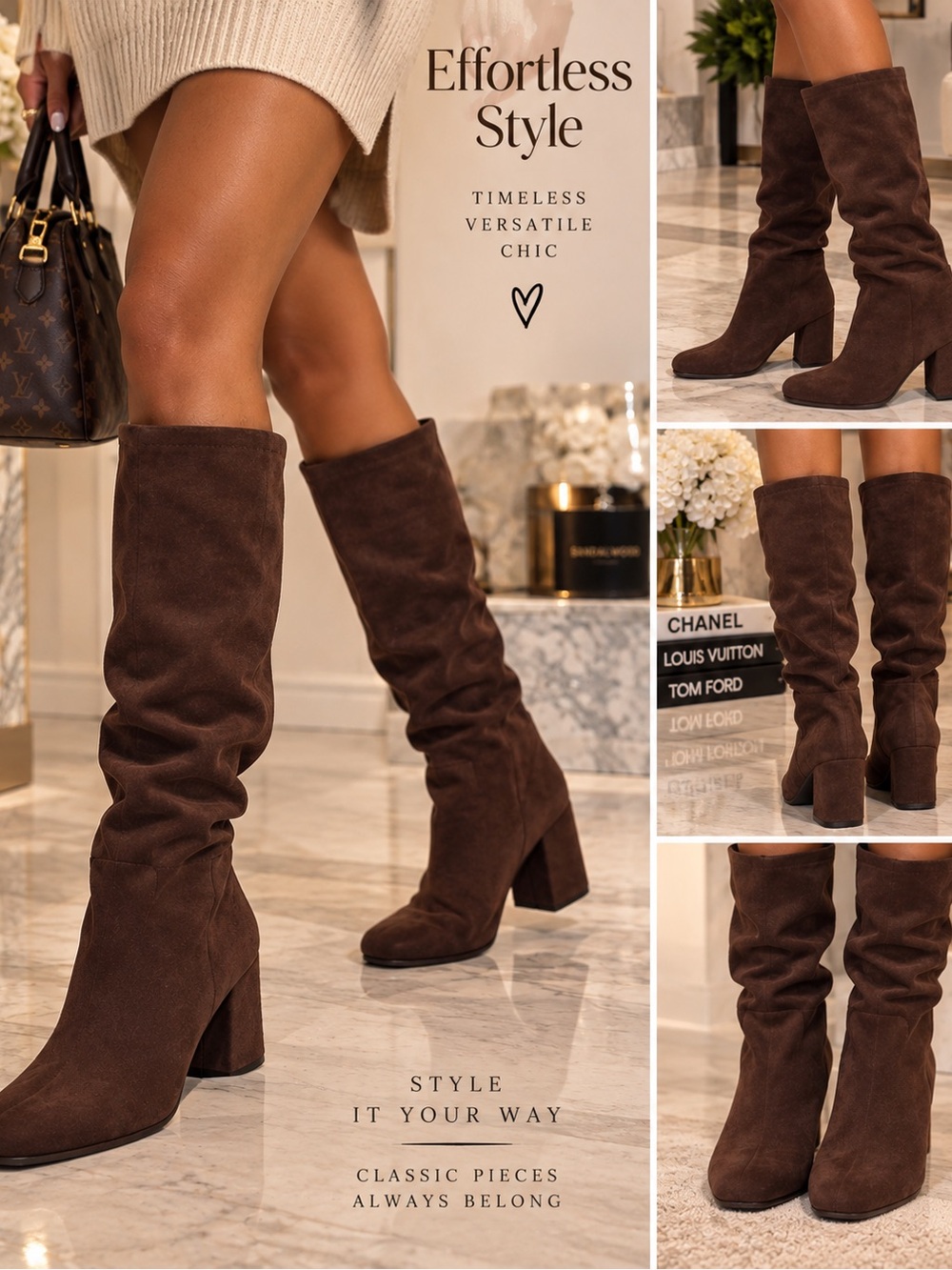 Olive & Oak Brown Suede Mid-Calf Block Heel Boots